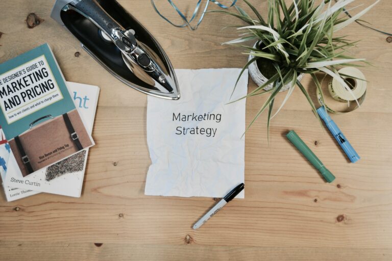 Marketing Strategy on paper surrounded by items